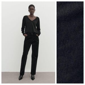 NWT. Massimo Dutti Black Cotton Corduroy Straight Fit Needlecord Trousers Size 6